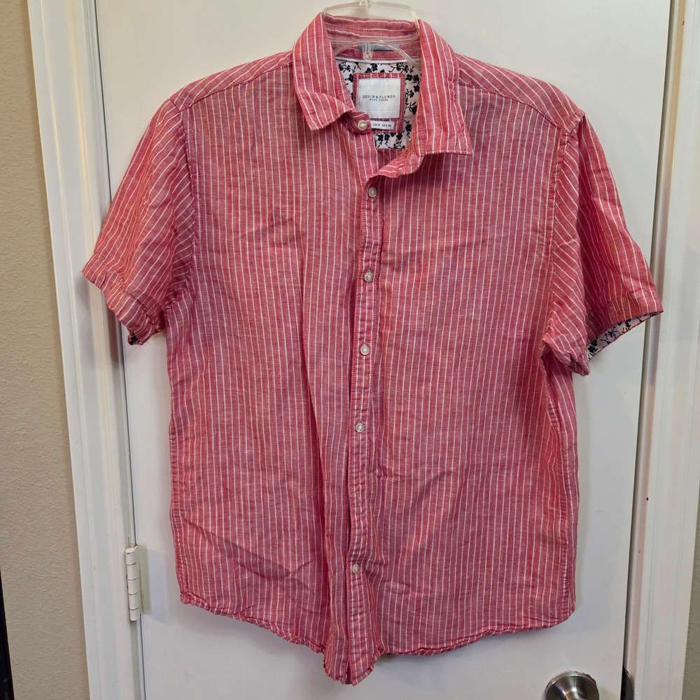 Denim & Flower Ricky Singh Mens Medium Red White Striped Linen Blend Shirt SS